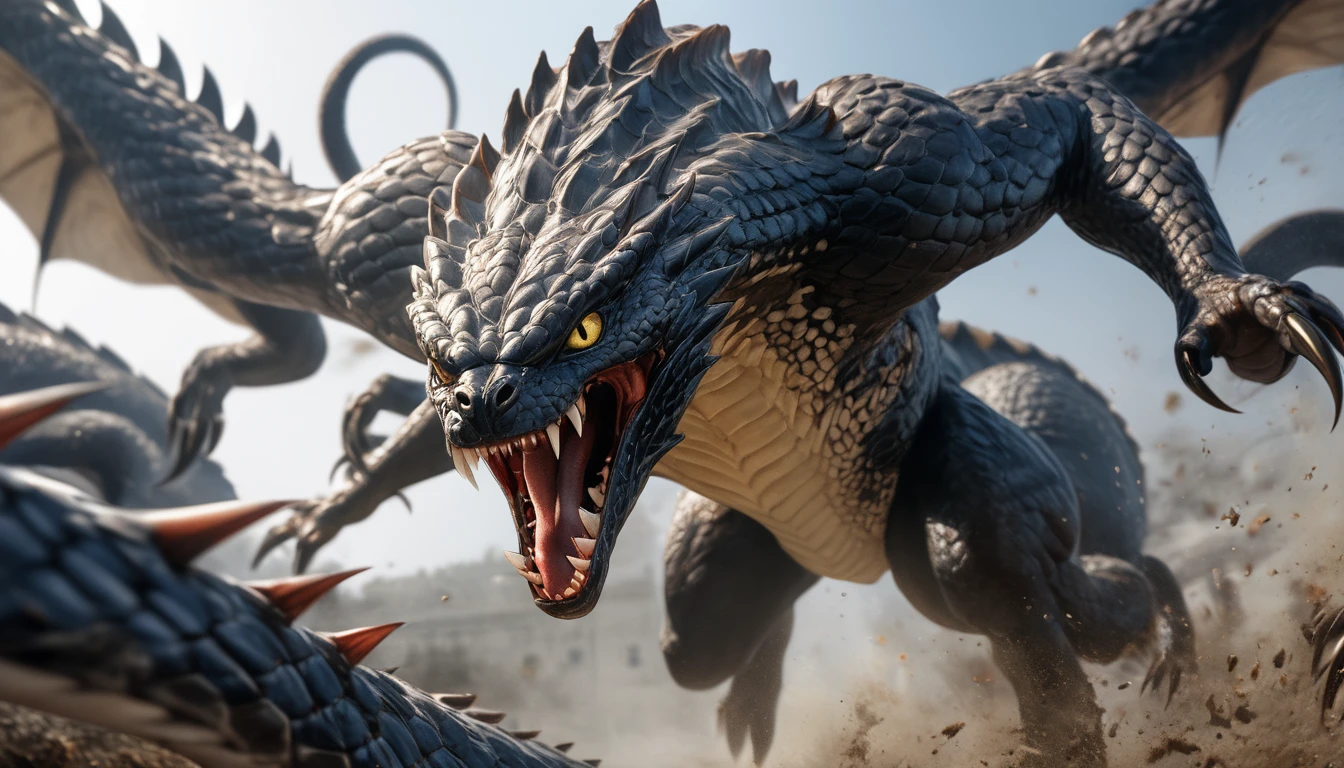 Realistic photos, RAW Photos, hydra, attacks viewer, Powerful movements, jump on prey, ((Dynamic jump)), Sharp Claws, hydra approaching from above, sudden approach, Bad-tempered, dynamic Shot from grand,High resolution, masterpiece, Highest quality, Intricate details, Very detailed, Clear focus,texture, Delicate eyes, Professional, 4K,Shallow and deep, Kodak Vision Color, Exactly, Very detailed, photograph_\(Extremist\), photographpractical, practical, Post-processing, Maximum details, Roughness, Real Life, Extremist practical, Photorealism, photographgraphy, 8K Ultra HD, photographgraphy