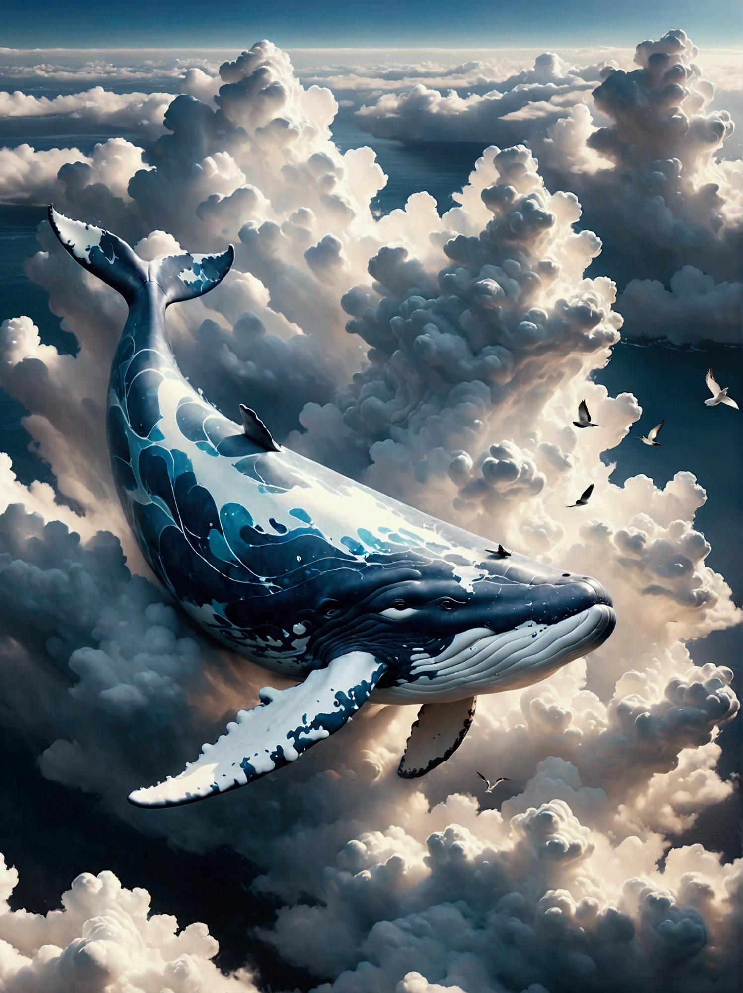 Imagine a grand, majestic whale, equipped with wings of impressive span. This curious creature is soaring through the sky, effortlessly gliding on the currents of air. In the backdrop, one can spot a colossal towering structure known as the 'Valcon', standing tall and formidable. The whale sailing in the azure sky in stark contrast to the mighty Valcon structure creates a truly surreal and fantastical scene