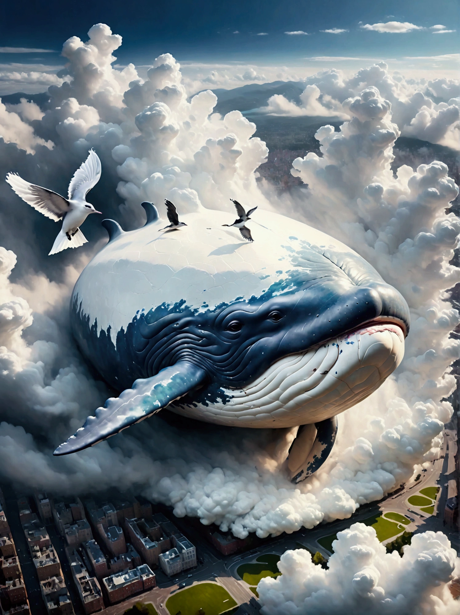 (((A colossal whale made of marshmallow-like white clouds))), (((whale's body entirely covered in fluffy white clouds))), (((soaring through the sky))), dreamy world, flying in the sky, iron towers on the ground, (bird's-eye view:1.3), (best quality,4k,8k,highres,masterpiece:1.2), ultra-detailed, (realistic,photorealistic,photo-realistic:1.37), sharp focus, vivid colors, ethereal atmosphere, soft lighting, magical, surreal