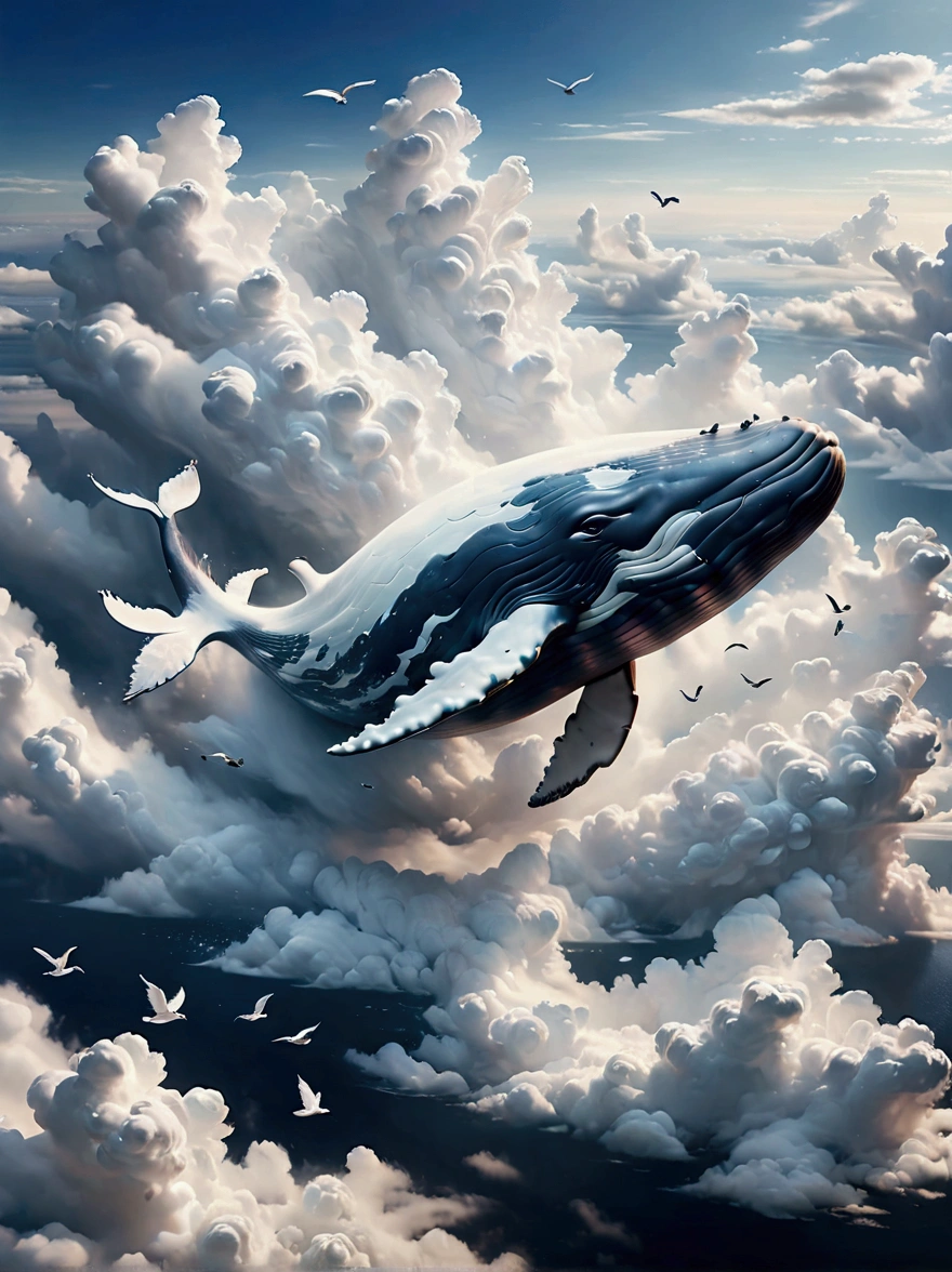 (((A colossal whale made of marshmallow-like white clouds))), (((whale's body entirely covered in fluffy white clouds))), (((soaring through the sky))), dreamy world, flying in the sky, iron towers on the ground, (bird's-eye view:1.3), (best quality,4k,8k,highres,masterpiece:1.2), ultra-detailed, (realistic,photorealistic,photo-realistic:1.37), sharp focus, vivid colors, ethereal atmosphere, soft lighting, magical, surreal