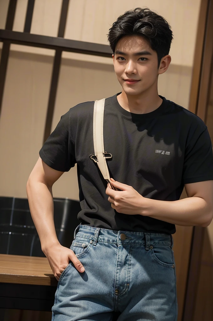 ((realistic daylight)) , Young Korean man in black sports shirt only, no pattern, denim shirt, jeans., A handsome, muscular young Asian man looks at the camera. , in the restaurant ,turn sideways((realistic daylight)) , Young Korean man in black sports shirt only, no pattern, denim shirt, jeans., A handsome, muscular young Asian man looks at the camera. , in the restaurant ,turn sideways, smile