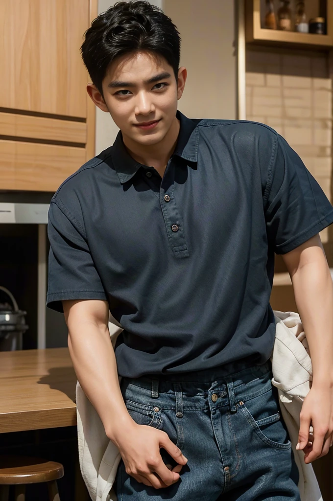 ((realistic daylight)) , Young Korean man in black sports shirt only, no pattern, denim shirt, jeans., A handsome, muscular young Asian man looks at the camera. , in the restaurant ,turn sideways((realistic daylight)) , Young Korean man in black sports shirt only, no pattern, denim shirt, jeans., A handsome, muscular young Asian man looks at the camera. , in the restaurant ,turn sideways, smile