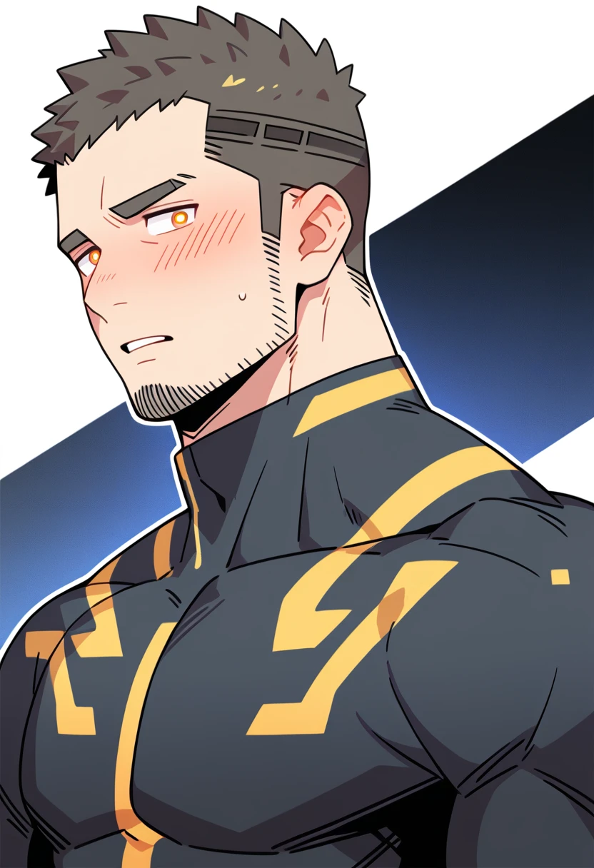 anime characters：Gyee Priapus, Muscle Sports Student, Buzz Cut, Manliness, male focus, Compression bodysuit, Yellow  black high collar long sleeve tight diving suit, Very tight, Regular symmetrical pattern, full and perky chest muscles, muscular male, muscular, only, Upper body, alone, Red short hair, Thick eyebrows, stubble, Brown-red pupils, White background, simple background, amazing quality, best aesthetics, Ridiculous, crew cut, parted lips, flustered, endured face, shy, blush, negative space, negative space, best quality