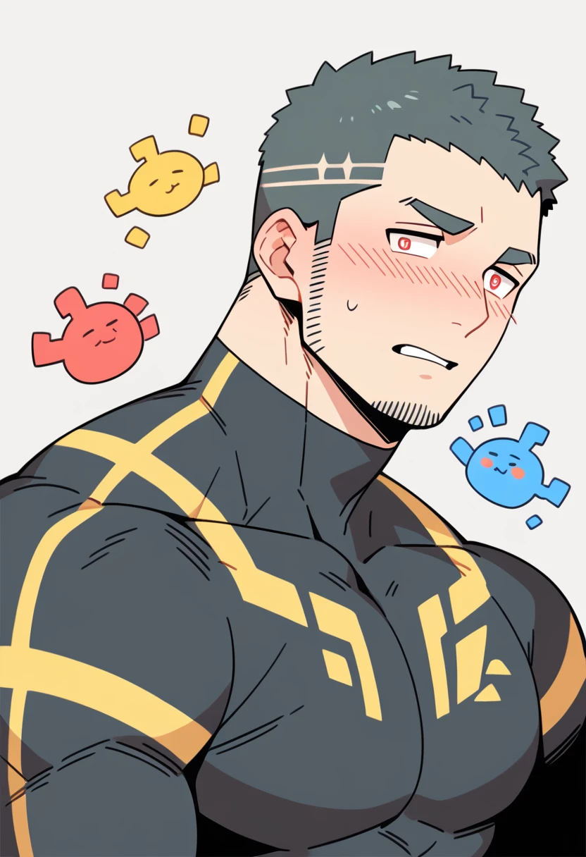 anime characters:Gyee Priapus, Muscle Sports Student, Buzz Cut, Manliness, male focus, Compression bodysuit, Yellow black high collar long sleeve tight diving suit, Very tight, Regular symmetrical pattern, full and perky chest muscles, muscular male, muscular, only, Upper body, alone, Red short hair, Thick eyebrows, stubble, Brown-red pupils, White background, simple background, amazing quality, best aesthetics, Ridiculous, crew cut, parted lips, flustered, endured face, shy, blush, negative space, negative space, best quality
