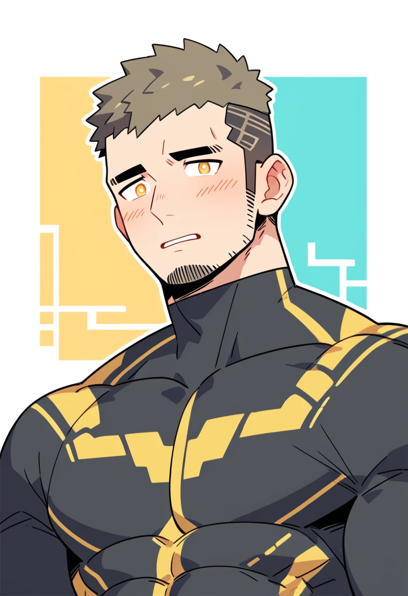 anime characters:Gyee Priapus, Muscle Sports Student, Buzz Cut, Manliness, male focus, Compression bodysuit, Yellow black high collar long sleeve tight diving suit, Very tight, Regular symmetrical pattern, full and perky chest muscles, muscular male, muscular, only, Upper body, alone, Red short hair, Thick eyebrows, stubble, Brown-red pupils, White background, simple background, amazing quality, best aesthetics, Ridiculous, crew cut, parted lips, flustered, endured face, shy, blush, negative space, negative space, best quality