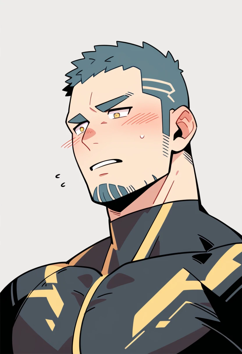 anime characters:Gyee Priapus, Muscle Sports Student, Buzz Cut, Manliness, male focus, Compression bodysuit, Yellow black high collar long sleeve tight diving suit, Very tight, Regular symmetrical pattern, full and perky chest muscles, muscular male, muscular, only, Upper body, alone, Red short hair, Thick eyebrows, stubble, Brown-red pupils, White background, simple background, amazing quality, best aesthetics, Ridiculous, crew cut, parted lips, flustered, endured face, shy, blush, negative space, negative space, best quality