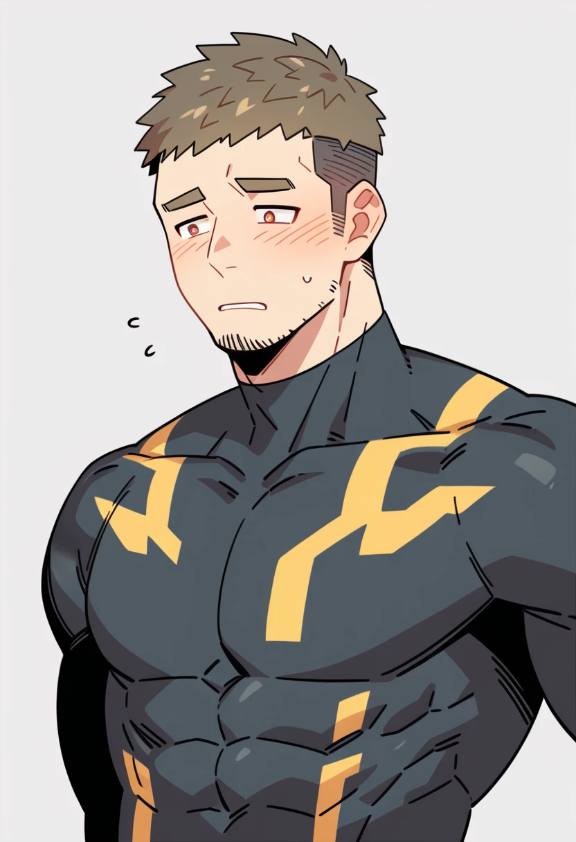anime characters:Gyee Priapus, Muscle Sports Student, Buzz Cut, Manliness, male focus, Compression bodysuit, Yellow black high collar long sleeve tight diving suit, Very tight, Regular symmetrical pattern, full and perky chest muscles, muscular male, muscular, only, Upper body, alone, Red short hair, Thick eyebrows, stubble, Brown-red pupils, White background, simple background, amazing quality, best aesthetics, Ridiculous, crew cut, parted lips, flustered, endured face, shy, blush, negative space, negative space, best quality