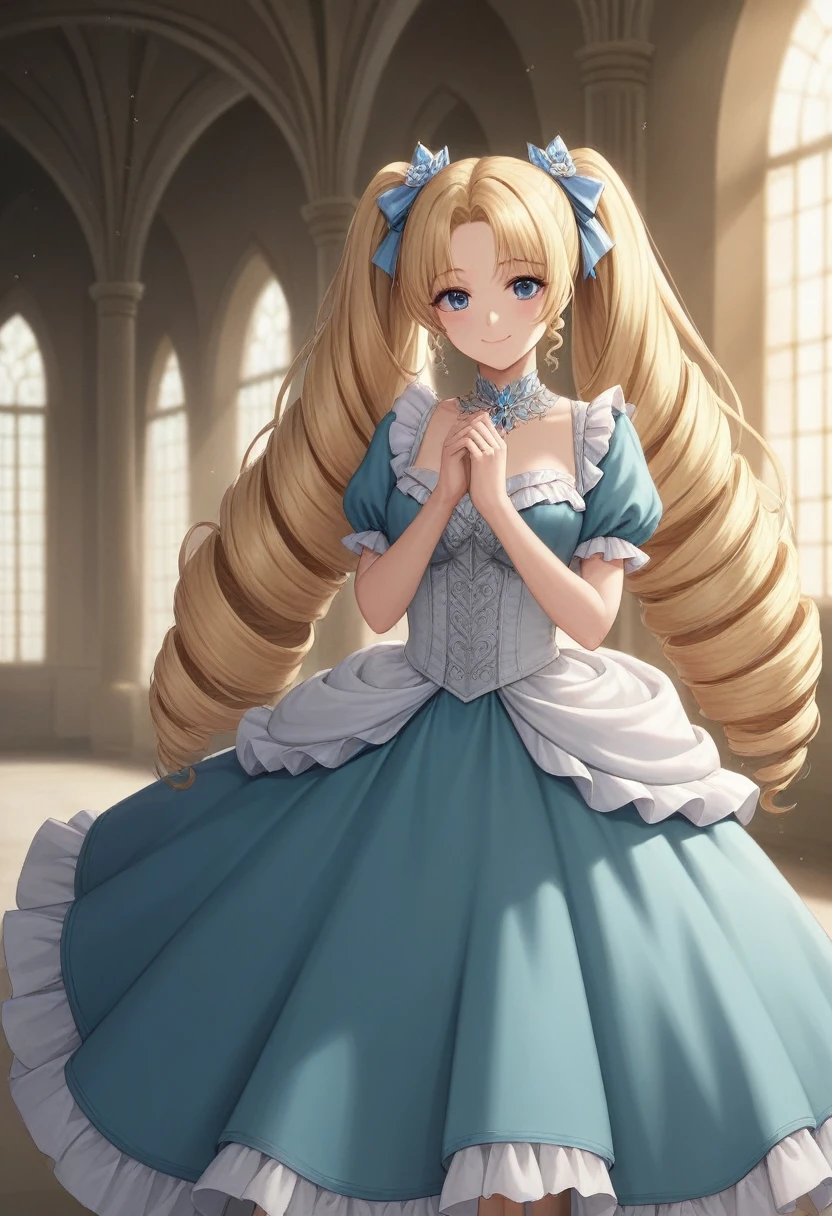 Dramatic composition, Court-style dress, Royal, nice, カスケードFrills, Frills, bow, Crystal Chandelier, Roman Curly Hairstyles, to place, Drill-like double ponytail, Looking at the camera, bangs, Maximalism, Palace-like background, Delicate depiction of hair and eyes, Princess Dress, nice skirts, Flowers in hands, smile, Starry Eyes, Cinematic Light, Extremely detailed, High resolution, Happy girl, Very long hair, diamond, broken diamond, Crystal Fragment, Particles of light