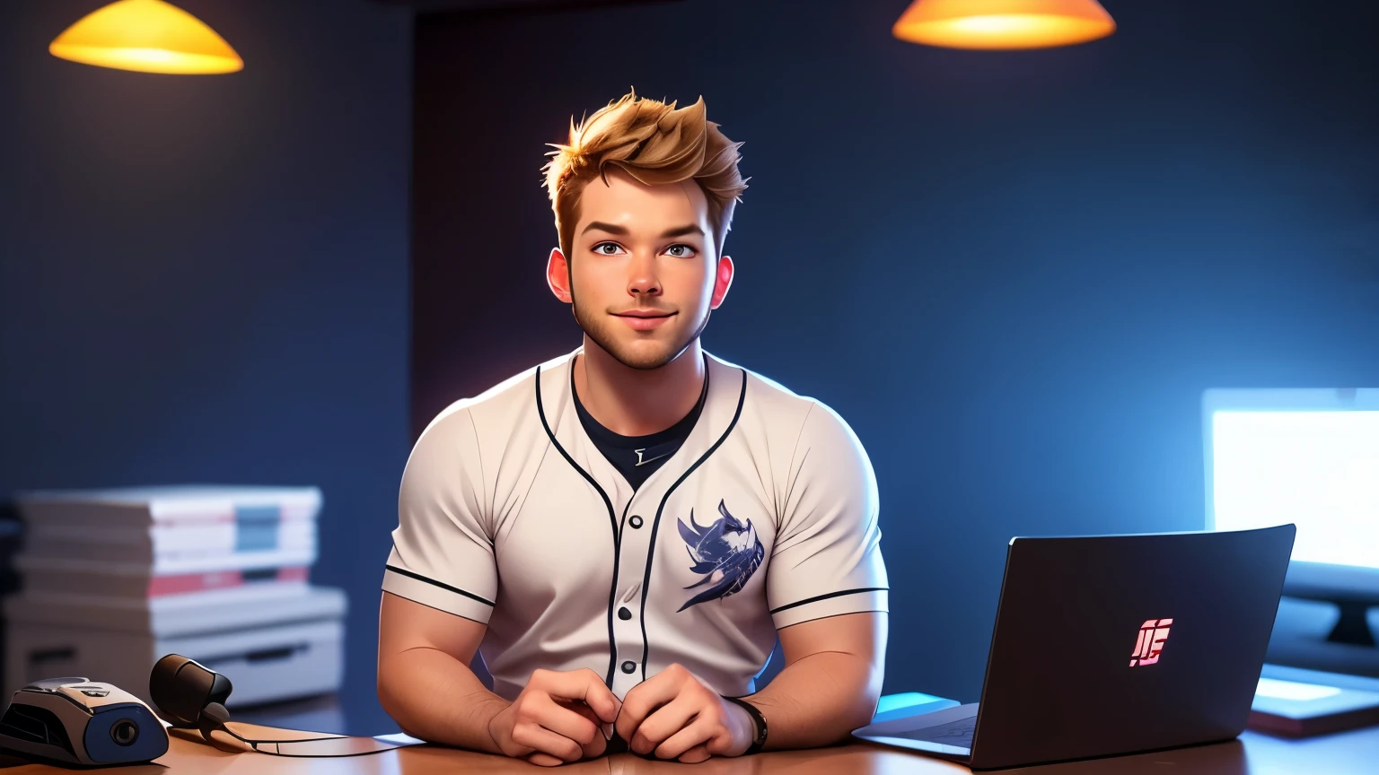 ARAFED handsome guy  in a baseball jersey , news broadcaster ,sitting in front of a laptop,  body facing the viewer , twitch streamer / gamer ludwig , portrait of Chris Pratt , mid shot portrait, streaming on twitch,  at night, portrait shot 8 k.
