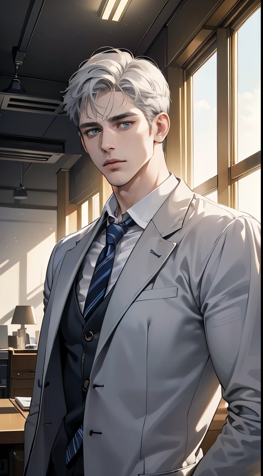 (best quality, masterpiece, 8K, photorealistic, cinematic lighting, hdr image, ultra detailed, beautiful image), 1 man, 31 years old, mature man, very handsome, (without expression, serious), short white hair, blue grey eyes ( penetrating gaze), perfect face without errors, imposing posture, without errors, businessman, office background