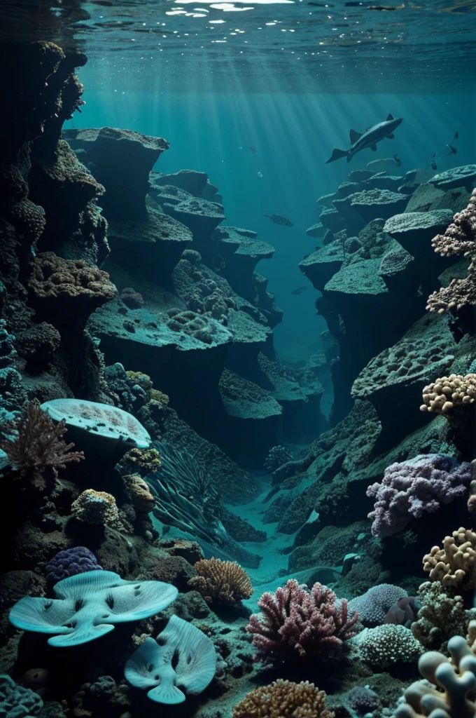"A deep underwater trench with dark, mysterious waters and marine life adapted to extreme depths."