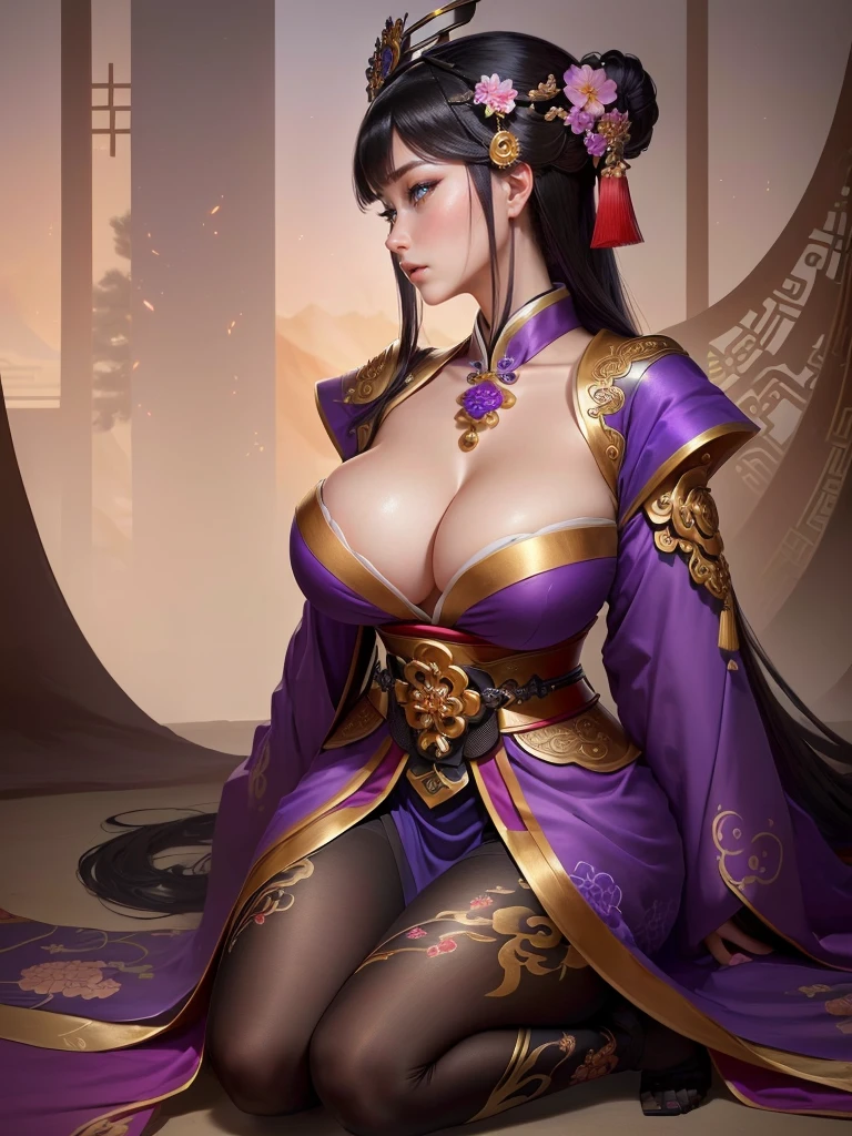 a woman in a purple kimono sitting on the ground, a beautiful fantasy empress, ancient chinese princess, ((a beautiful fantasy empress)), inspired by Lan Ying, inspired by Ju Lian, inspired by Qiu Ying, inspired by Li Mei-shu, palace ， a girl in hanfu, inspired by Yun Du-seo, chinese empress, beautiful character painting, Highly detailed CG unit 8k wallpaper, masterpiece, High resolution, highest quality, highest quality real texture skin, Super Real, Digital Painting, Best image quality, 最High resolution, 8k, (((Highly detailed eyes and face, Beautiful eyes every detail))), (Saggy breasts, Gravity-dependent breasts, long chest, Heavy chest, disproportionate breasts, huge breasts, sagging breasts, gigantic breasts, black hair, profile, 