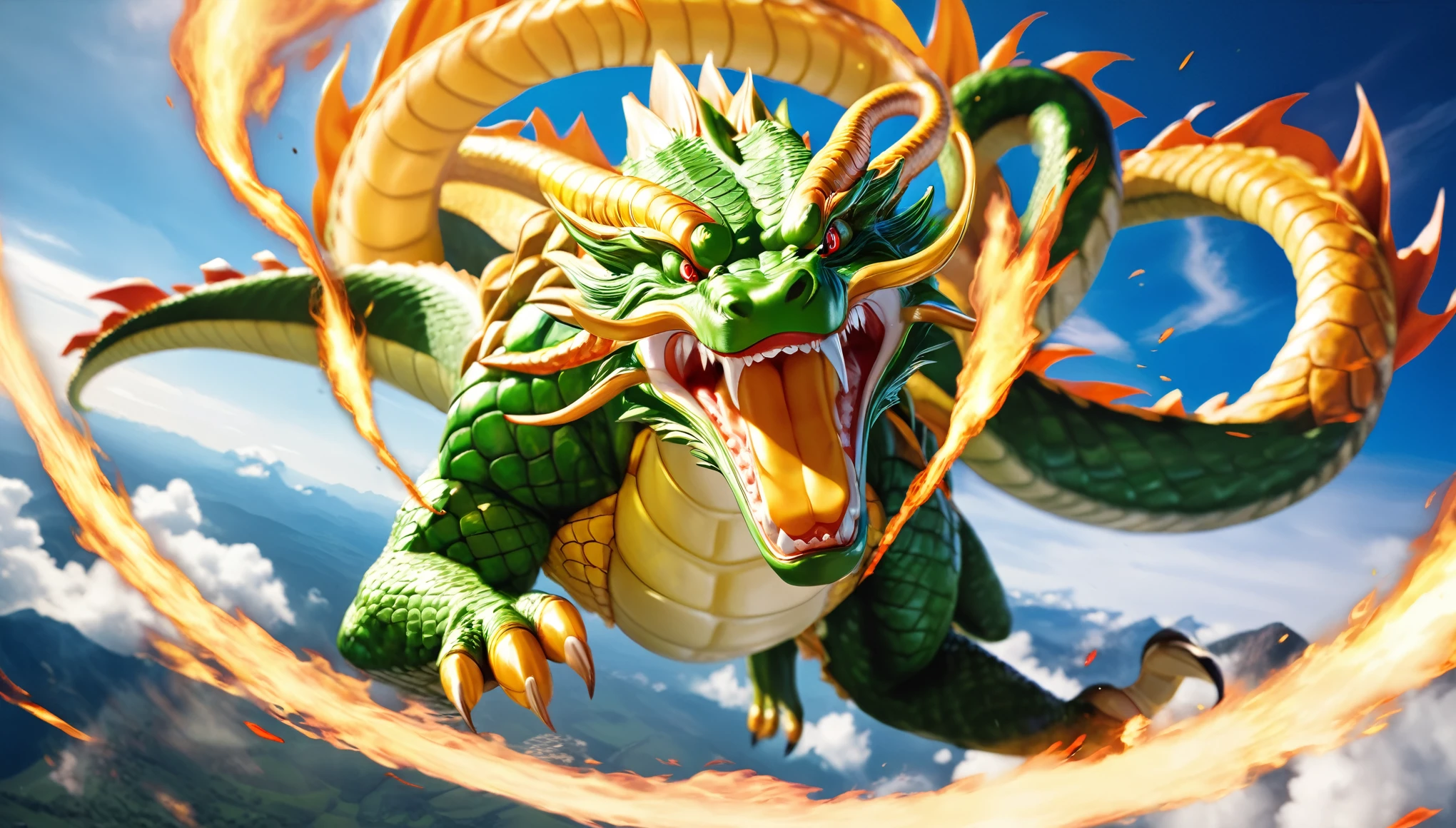 Realistic photos, RAW Photos, Shenron, attacks viewer, Powerful movements, jump on prey, ((Dynamic jump)), Sharp Claws, Shenron approaching from above, sudden approach, Bad-tempered, dynamic Shot from grand, flame magic