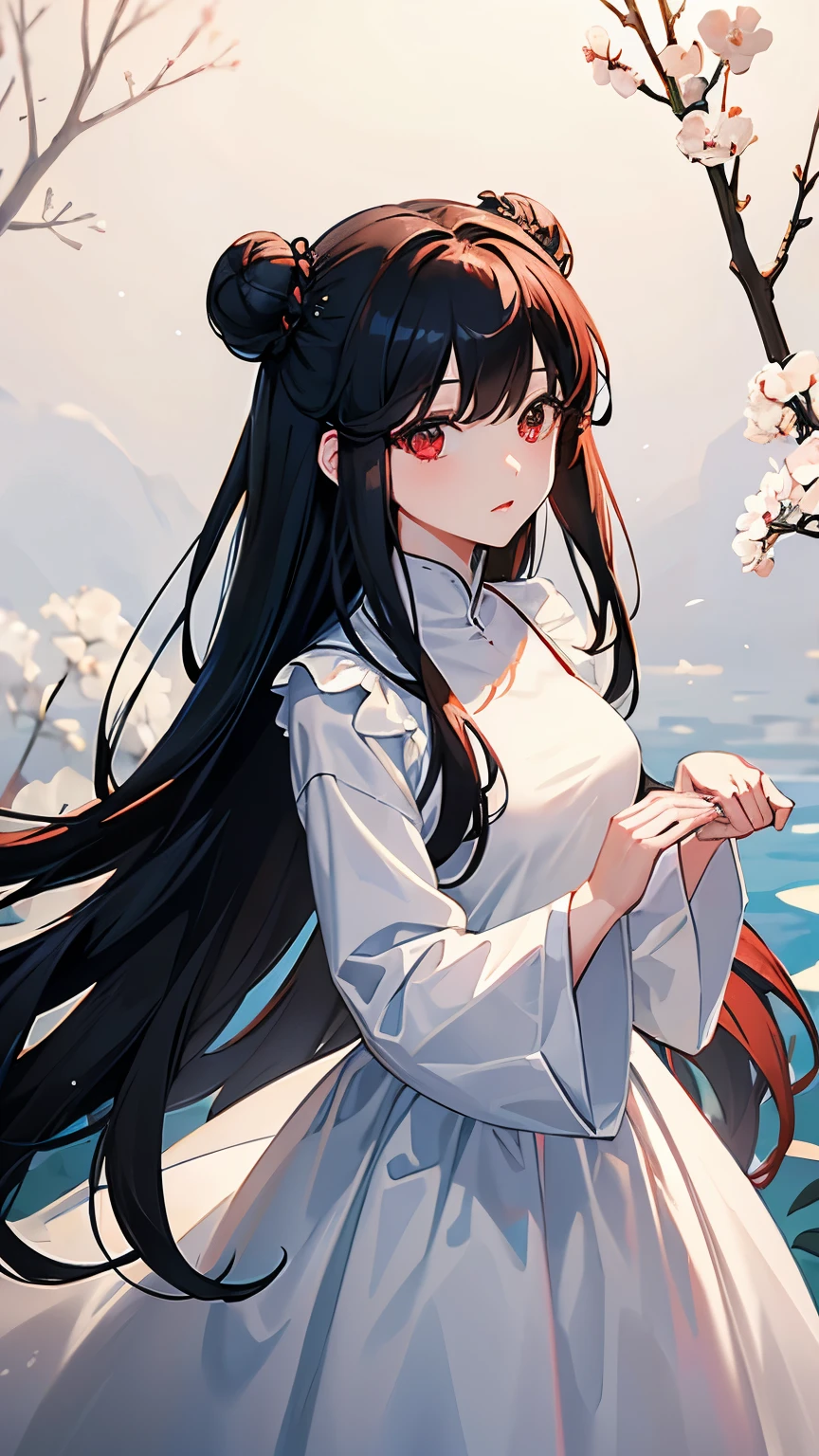 a lot of white lilys, long sleeves long dress like princess black or red, black hair with a bun and a korean fringe, big red eyes seductive anime good quality