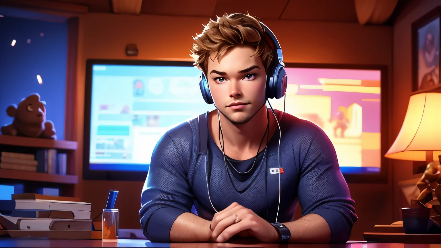 ARAFED handsome guy in a baseball jersey , news broadcaster ,sitting in front of a laptop, body facing the viewer , twitch streamer / gamer ludwig , portrait of Chris Pratt , mid shot portrait, streaming on twitch, at night, portrait shot 8 k.