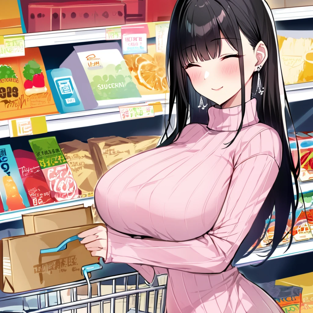 Solo, 1girl, Closed Eyes, Smile, Large breasts, Earrings, Long Hair, Bangs, Black Hair, turtle neck ribbed dress, supermarket, shopping basket in hand, perfect eyes, perfect hands, perfect anatomy, perfect detail, Masterpiece, Anatomically Correct, High Quality, Best Quality, Super Detailed, High Details, Pink Eyes, Blush, Sideways,