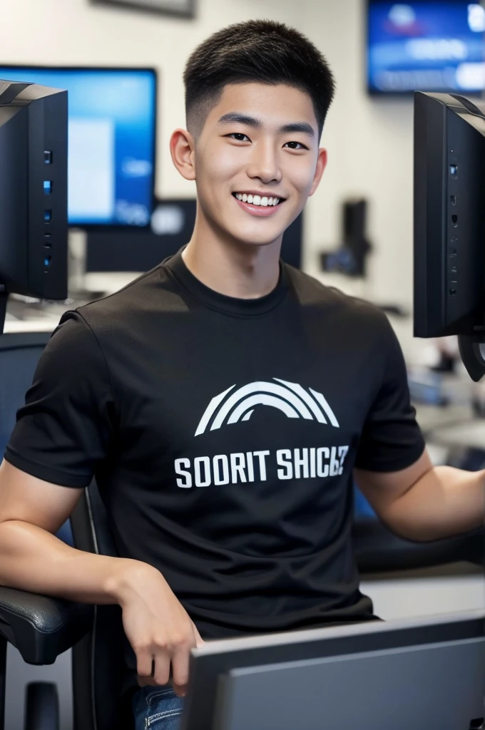 ((realistic daylight)) , Young Korean man in only a black sports shirt, no stripes, and jeans., A handsome, muscular young Asian man looks at the camera.  , In a computer shop ,turn sideways, smile