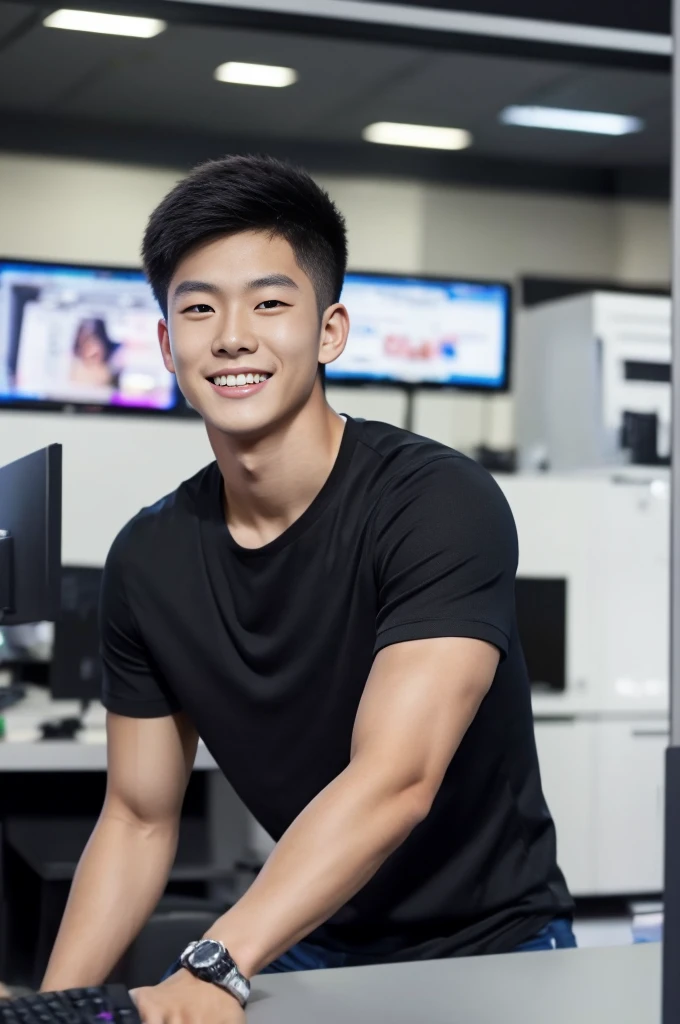 ((realistic daylight)) , Young Korean man in only a black sports shirt, no stripes, and jeans., A handsome, muscular young Asian man looks at the camera.  , In a computer shop ,turn sideways, smile