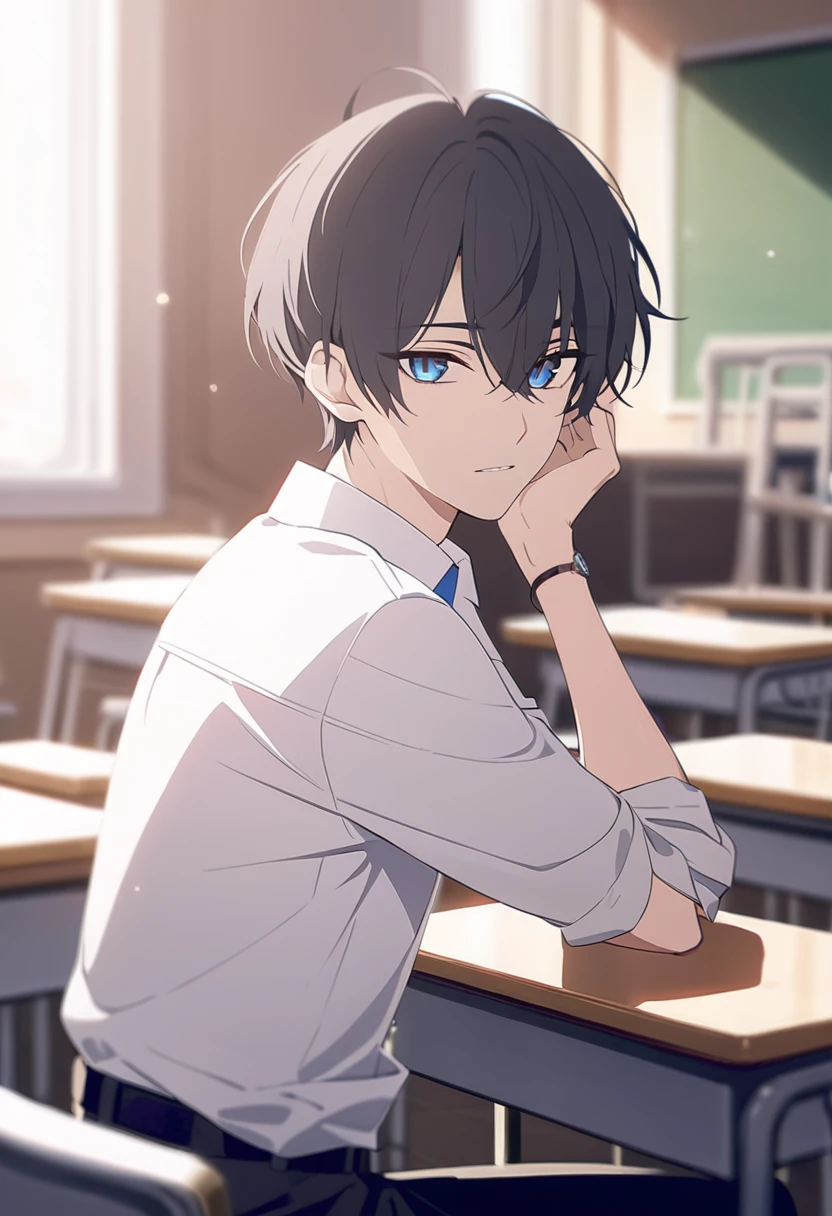 masterpiece,best quality,depth of field,8k,looking at the viewer,dark gray hair,blue eyes,(charismatic eyes 1:1),chic,Black pants,white shirt,alone,College student sitting at desk in classroom,male,chic 남자,wseifuku