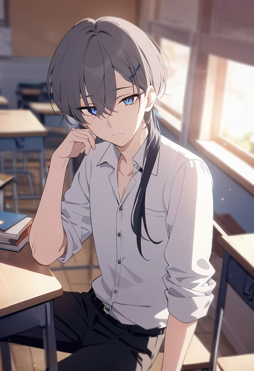 masterpiece,best quality,depth of field,8k,looking at the viewer,dark gray hair,blue eyes,(charismatic eyes 1:1),chic,Black pants,white shirt,alone,College student sitting at desk in classroom,male,chic 남자,wseifuku