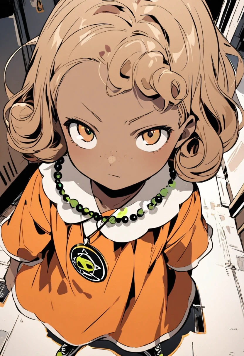 a around six years old, Light Brown skin. She has curly, slightly reddish brown hair, her eyes are green, she wears an inverted pentagram barrette in her hair and a bead necklace with a radiation warning symbol hanging as a pendant and an orange dress and black sneakers, she wears stylish clothes 50s. She has freckles on her face and a serious expression on her face.