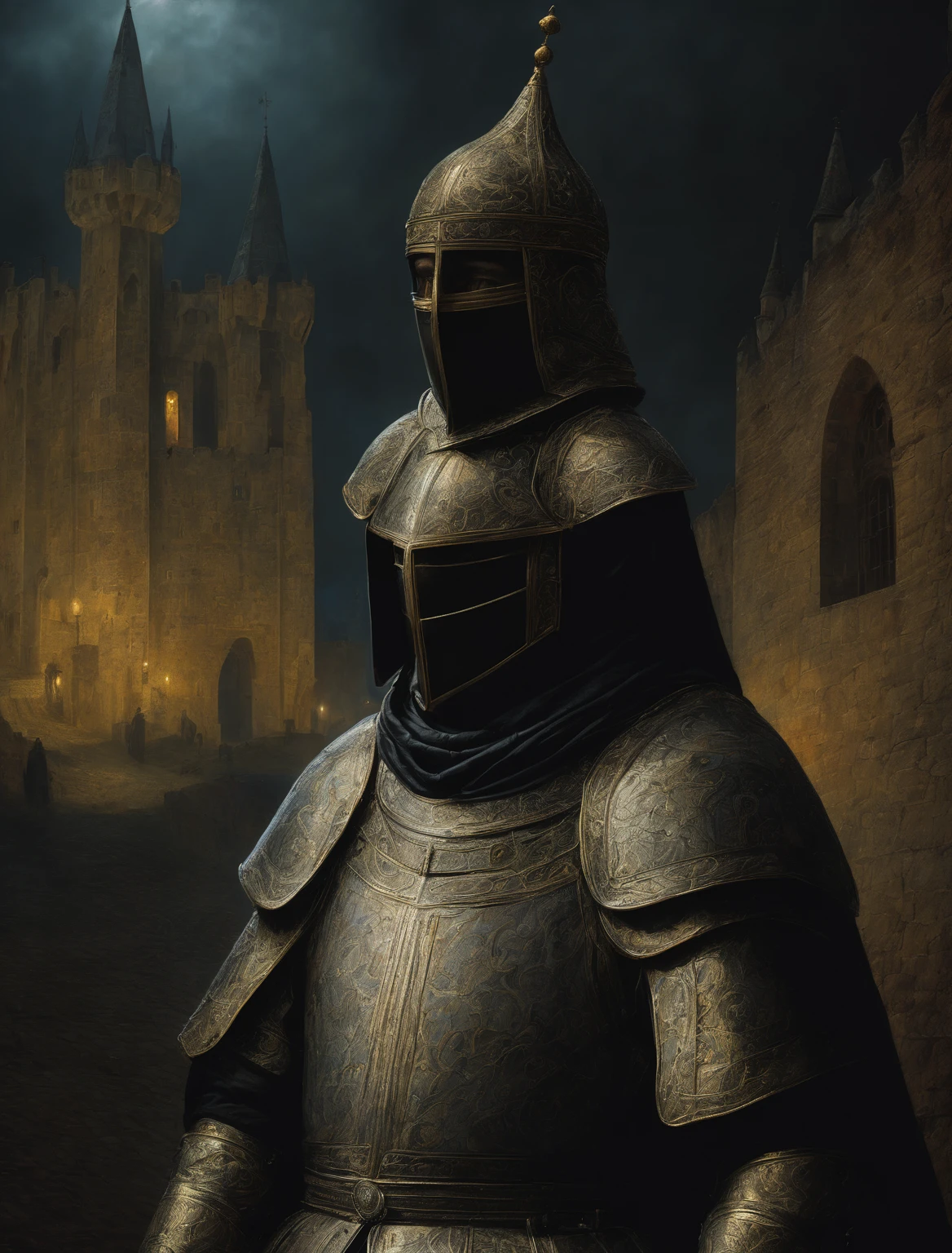 Baldwin IV, masked baldwin, knight,gothic,renaissance,Zdzisław Beksiński style,dark atmosphere,black background, dramatic lighting,dramatic shadows,moody,chiaroscuro,dramatic composition,highly detailed,cinematic,photorealistic,hyper detailed,intricate details,dramatic colors,dramatic lighting,dramatic contrast,rich textures,(best quality,4k,8k,highres,masterpiece:1.2),ultra-detailed,(realistic,photorealistic,photo-realistic:1.37)