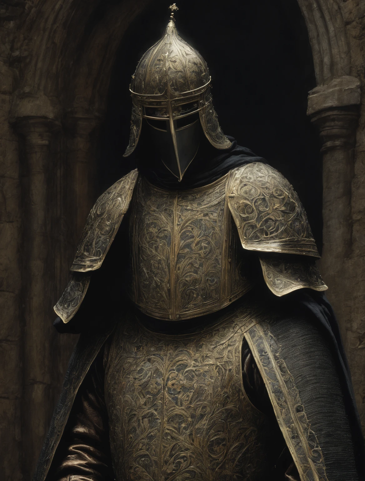 Baldwin IV, masked baldwin, knight,gothic,renaissance,Zdzisław Beksiński style,dark atmosphere,black background, dramatic lighting,dramatic shadows,moody,chiaroscuro,dramatic composition,highly detailed,cinematic,photorealistic,hyper detailed,intricate details,dramatic colors,dramatic lighting,dramatic contrast,rich textures,(best quality,4k,8k,highres,masterpiece:1.2),ultra-detailed,(realistic,photorealistic,photo-realistic:1.37)