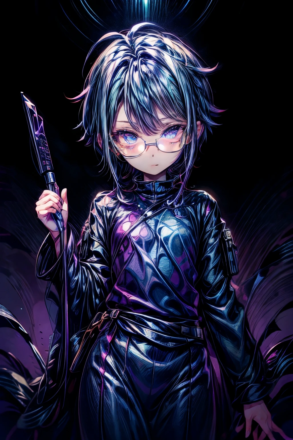 High resolution, masterpiece, Highest quality,  One boy、Girlish、short hair、Painful expression、Blue Glasses、Purple Hair、light blue、Gradation、Odd Eye、Beautiful eyes、Captivating eyes、20 years old、Wear warm clothes、headphone、adult、pantagic、Fantasy、music、