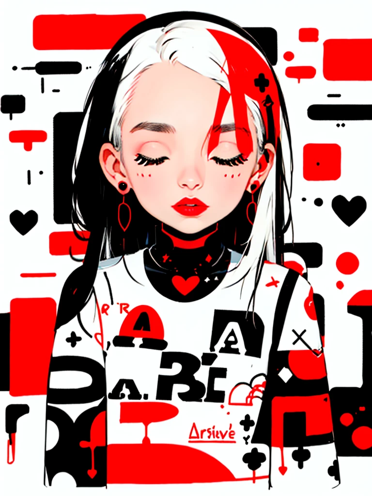 Black Star Red and White style, Simple Line Initialism，Abstract art，Urban Background, (((The most beautiful girl of all time))), Sweet face. Lips in love, colorful hearts, stylish design