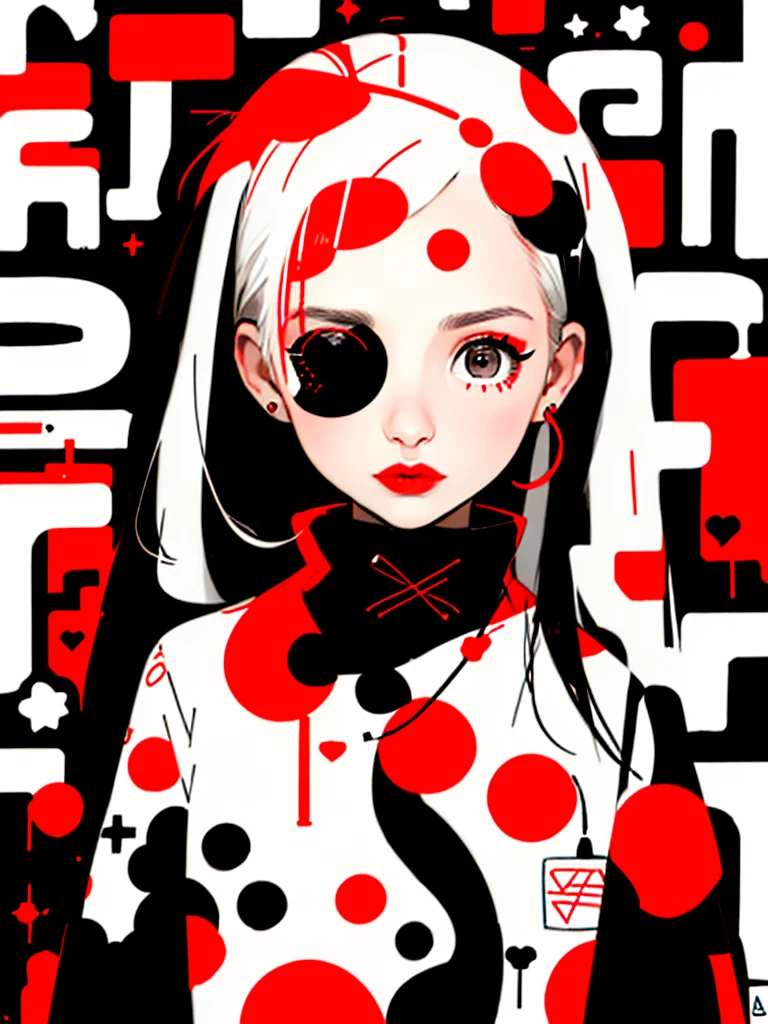 Black Star Red and White style, Simple Line Initialism,Abstract art,Urban Background, (((The most beautiful girl of all time))), Sweet face. Lips in love, colorful hearts, stylish design