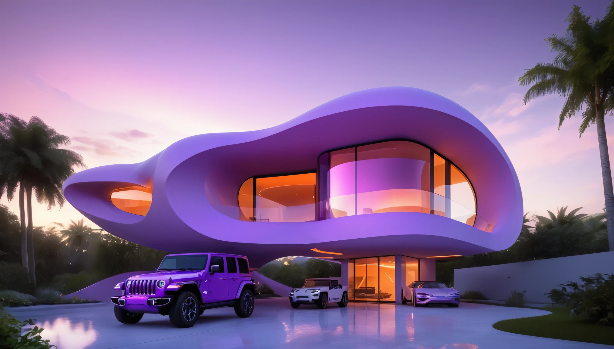 a futuristic house with a floresent purple jeep wrangler parked in front of it, cgsocietywlop, beautiful curves, intricate devilish designs, qualia, interesting shapes & form, wow factor, elaborate polished, bioluminescent, colorfull, glow, fluid, architectural rendering, miami, orange soft lighting in interior of house, futuristic battlefield, inspired by James E. Brewton, precise architectural rendering