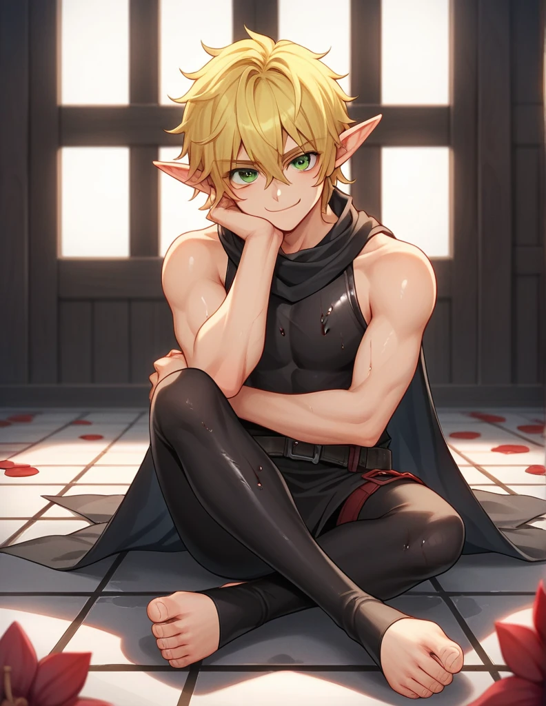score_9, score_8_up, score_7_up, score_6_up, score_5_up, score_4_up, source_anime, BREAK, 1boy, toeless legwear, solo, sitting, crossed legs, looking at viewer, bare shoulders, indoors, leggings, stirrup legwear, sleeveless, head rest, elf, pointy ears, medium hair, fluffy hair, wavy hair, hair between eyes, big eyes, green eyes, cute face, manly body, cat eyes, collarbone, black scarf, long black scarf, yellow hair, smirk, smug face, shiny feet, shiny skin, shiny hair, sunny, dramatic lighting, official artwork, wet skin, wet hair, sunny day, red flowers on floor, sexy, layered clothes, bare shoulder, long sleeve, belt, black cloak, rogue outfit, assassin's outfit, dark outfit, blood spots on clothes, assasin clothes, blood on floor, bloody drip on floor, long hair