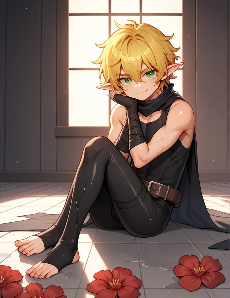 score_9, score_8_up, score_7_up, score_6_up, score_5_up, score_4_up, source_anime, BREAK, 1boy, toeless legwear, solo, sitting, crossed legs, looking at viewer, bare shoulders, indoors, leggings, stirrup legwear, sleeveless, head rest, elf, pointy ears, medium hair, fluffy hair, wavy hair, hair between eyes, big eyes, green eyes, cute face, manly body, cat eyes, collarbone, black scarf, long black scarf, yellow hair, smirk, smug face, shiny feet, shiny skin, shiny hair, sunny, dramatic lighting, official artwork, wet skin, wet hair, sunny day, red flowers on floor, sexy, layered clothes, bare shoulder, long sleeve, belt, black cloak, rogue outfit, assassin's outfit, dark outfit, blood spots on clothes, assasin clothes,  blood on floor, bloody drip on floor, long hair