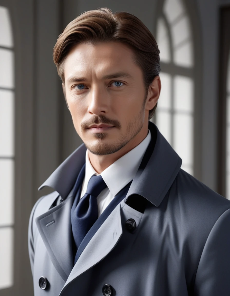 1man, mature male, parted bangs, medium-short hair, brown hair, muscular male celeb, short goatee, short mustache, indigo eyes, gentleman, elegant netori male, BREAK solo, white collared shirt, gray trench coat, black neck ribbon, in gentle sasaki style, visual novel, 2010s, extreme all detailed, masterpiece, best quality