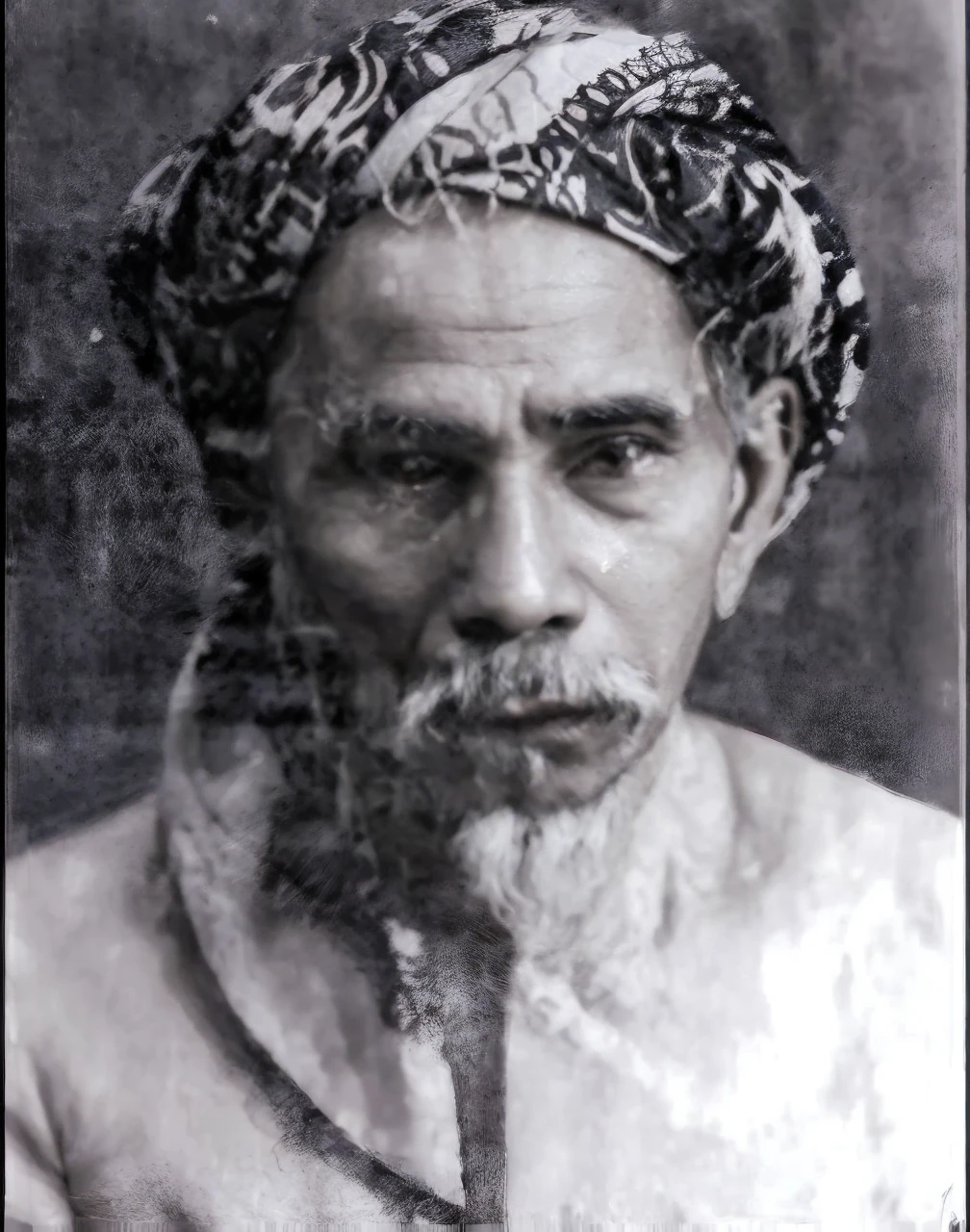 Indonesian Muslim man, 65 years old, naturally wrinkled brown skin appropriate for age, wearing a dark blue patterned turban. white Islamic clothes, oval face, tall nose, long ears, thick gray eyebrows, clear black eyes, slightly thick lower lip, thick white mustache and long beard, closed mouth. HD quality realistic images.
