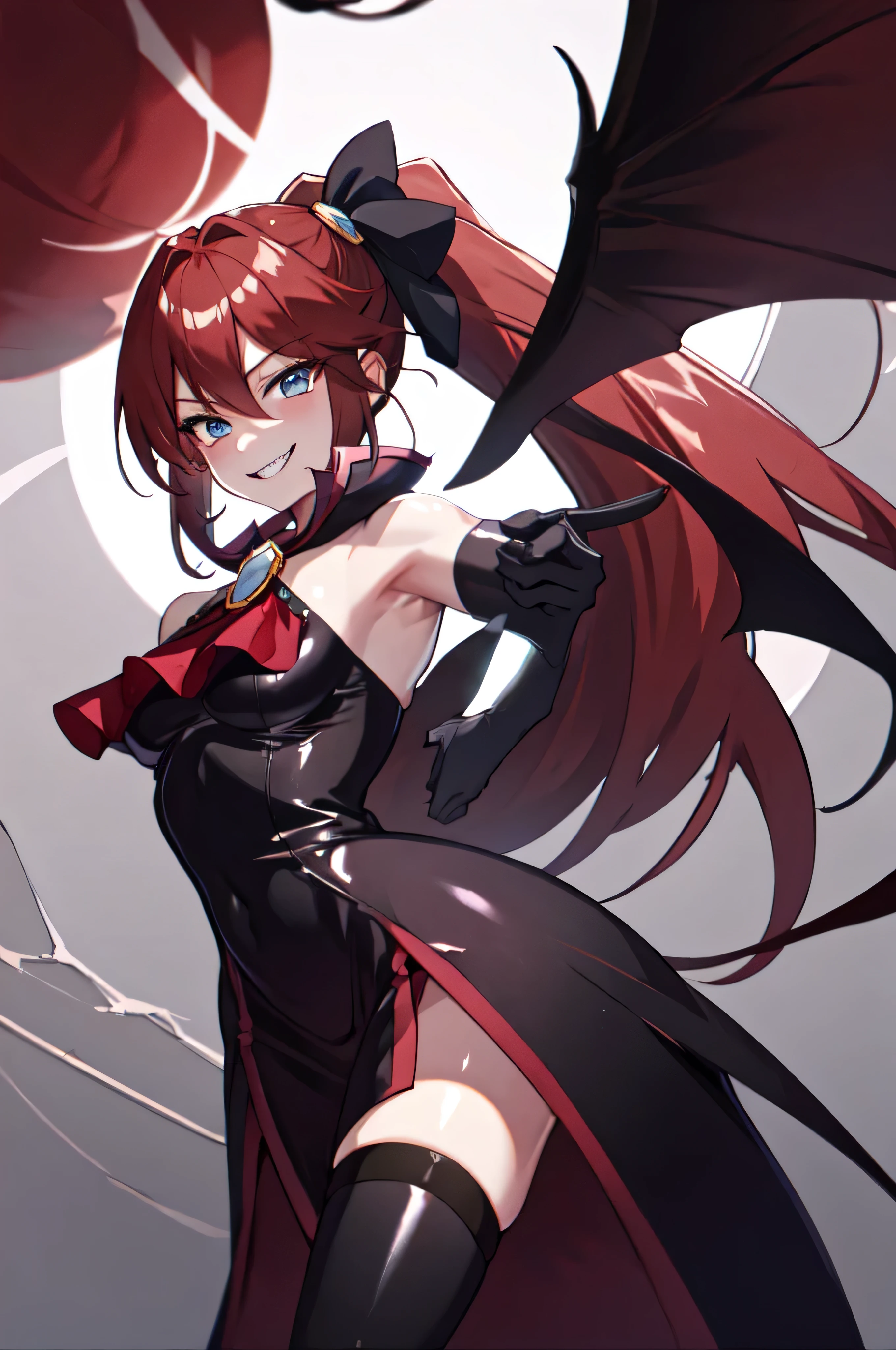 Highest quality, masterpiece, One Girl,Not beautiful, Red Ponytail, Long dress, brooch, Hair Ribbon, - Elbow hand pockets, Black knee socks, Standing on the rubble,  (Wicked Smile:1.1), ,,Dark shadowed face,Sadistic smile,Malice,Contempt,smile,latex,Bad face,,Red Skirt,two hands,two legs,five fingers,evil background,elbow gloves,latex, Wicked Smile, devilish aura (Shiny fabric:1.5),Dark world background,


