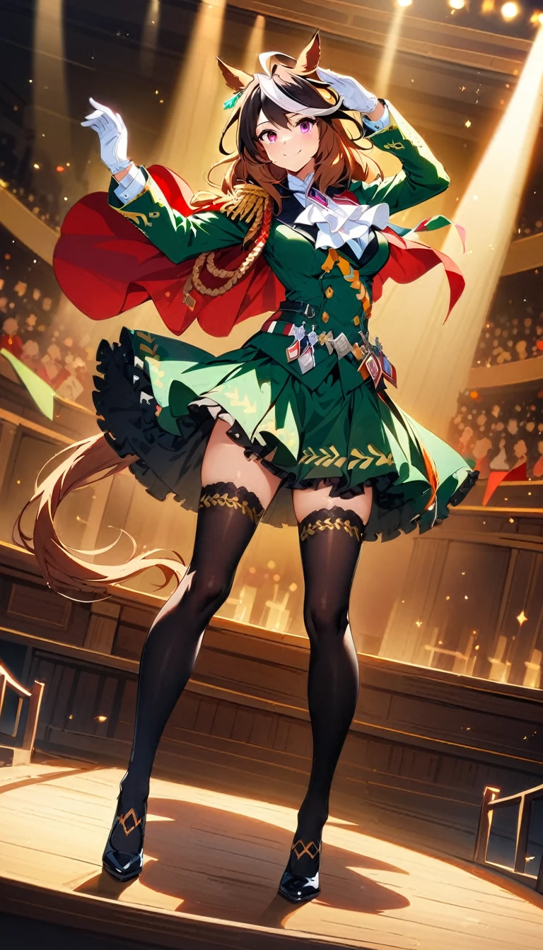 (8k, RAW photo, highest quality, masterpiece), (solo, 1 girl, ahoge: 1.2), ink painting, Uma Musume, shine, horse ears, horse tail, Uma Musume, 5 fingers, dynamic lighting, High resolution, sharp focus, depth of field, fashionable, elegance, charming, seductive, gorgeous, stunning, beautiful, charming, cute, beautiful detailed face, beautiful detailed eyes, soft expression, slim beautiful figure, Curvy, hourglass shape, large bust, slender arms, graceful hands, delicate fingers, slender wrists, elegant neck, smooth skin, dynamic angles, perfect composition, Perfect anatomy, natural fingers, 5 fingers,((symboli rudolf \(umamusume\),full body, smile, Looking forward, stage, indoors, dancing,white gloves, black thighhighs, white ascot, red cape, single epaulette, long sleeves, green jacket, frills, medal, jewelry, green skirt, buttons,
