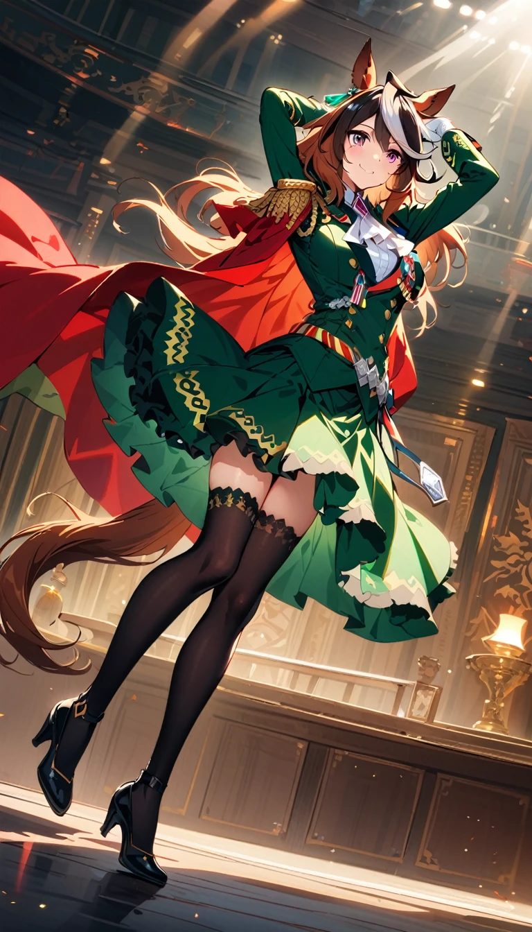 (8k, RAW photo, highest quality, masterpiece), (solo, 1 girl, ahoge: 1.2), ink painting, Uma Musume, shine, horse ears, horse tail, Uma Musume, 5 fingers, dynamic lighting, High resolution, sharp focus, depth of field, fashionable, elegance, charming, seductive, gorgeous, stunning, beautiful, charming, cute, beautiful detailed face, beautiful detailed eyes, soft expression, slim beautiful figure, Curvy, hourglass shape, large bust, slender arms, graceful hands, delicate fingers, slender wrists, elegant neck, smooth skin, dynamic angles, perfect composition, Perfect anatomy, natural fingers, 5 fingers,((symboli rudolf \(umamusume\),full body, smile, Looking forward, stage, indoors, dancing,white gloves, black thighhighs, white ascot, red cape, single epaulette, long sleeves, green jacket, frills, medal, jewelry, green skirt, buttons,
