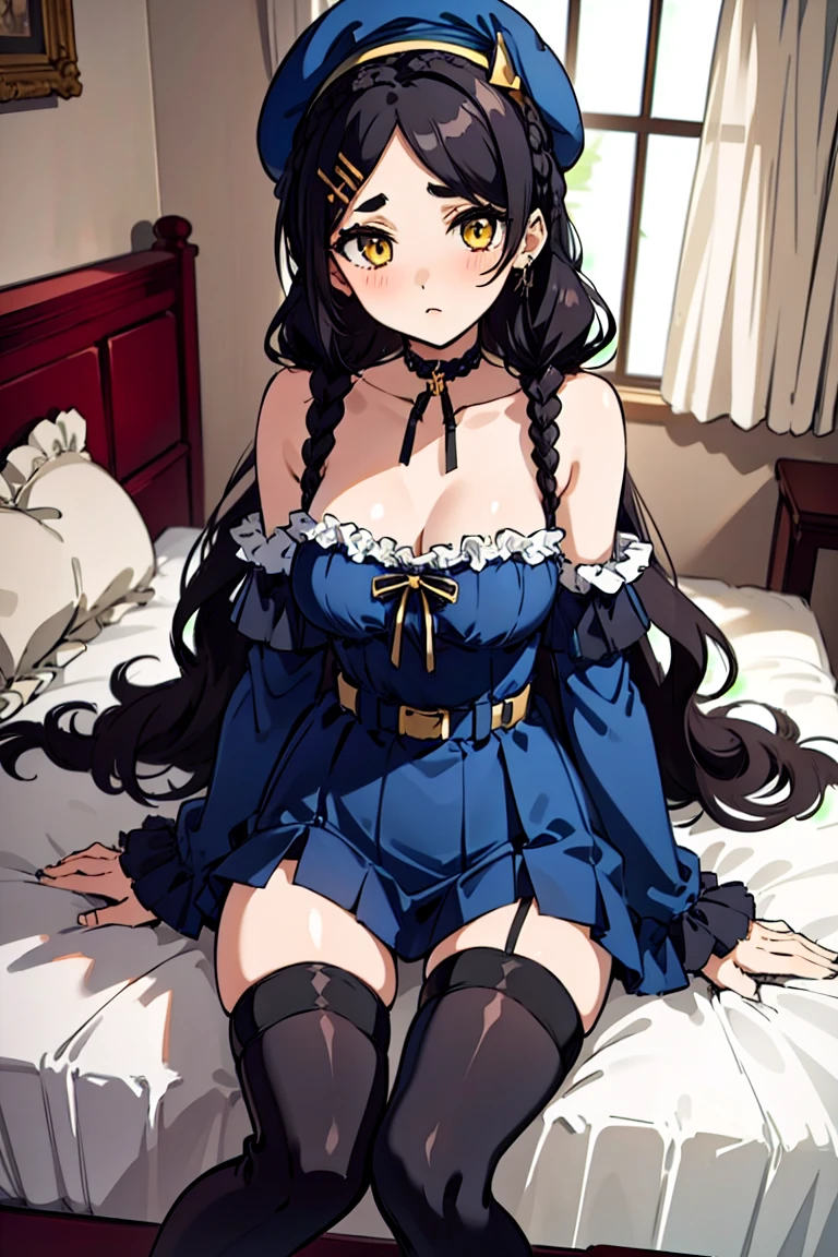 (masterpiece:1.2), (high quality:1.2), girls with((1girl, solo, black hair, yellow eyes, (wavy long hair, wearing a millitary beret, braids, hairclips, short thin eyebrow:1.55), (right swept bangs:1.4), blush, breasts, choker, cleavage, coat, cowboy shot, dress, (blue clothes, arm warmers, black armwear:1.3), ribbon waist belt, collar, collarbone, rosary, rosary choker, cross,, large breasts, long sleeves, medium breasts, sleeveless, cleavage, thighhighs, (single thighhigh, exposed legs, exposed foots, left thighhigh:1.76), solo, legs, high heels, sittings, sit on the chair)), background with((bedroom, room:2.0))