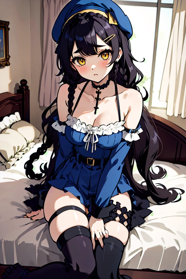 (masterpiece:1.2), (high quality:1.2), girls with((1girl, solo, black hair, yellow eyes, (wavy long hair, wearing a millitary beret, braids, hairclips, short thin eyebrow:1.55), (right swept bangs:1.4), blush, breasts, choker, cleavage, coat, cowboy shot, dress, (blue clothes, arm warmers, black armwear:1.3), ribbon waist belt, collar, collarbone, rosary, rosary choker, cross,, large breasts, long sleeves, medium breasts, sleeveless, cleavage, thighhighs, (single thighhigh, exposed legs, exposed foots, left thighhigh:1.76), solo, legs, high heels, sittings, sit on the chair)), background with((bedroom, room:2.0))