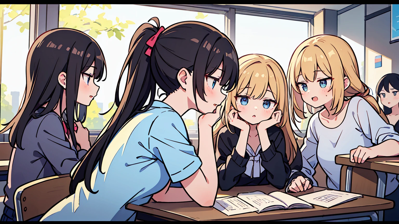 (masterpiece, best quality),Women with different faces and hairstyles, different hair colors, different faces, ponytail, letterboxed, perfection of fashion,chapped lips, casual attire, upper body, from the side,University Classroom, The interior has a modern design,study at the table, eyes look at the note, together, stylish outfit,
