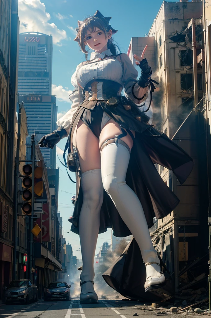 Fisheye Lens、looking at the camera、steampunk、Standing on top of a ruined building、Big building explosion、The building collapses、Urban hustle and bustle、Traffic jam、City of Rubble、street tree、Car and bus、truck、taxi、City boulevard、Pedestrian bridge、Streetcar route、((((Azur Lane Cheshire Cosplay))))、Frilled maid outfit、((Super huge ))、((Plump thighs))、Ground View,City of Giants,500 foot tall giant girl,skyscraper,Has super long legs,Step into the crowd,There are many people on the street,Knee-high socks、loafers,A happy look,Standing on the ruins,Beautiful appearance,Exquisite makeup,quality,8k,高quality,Perfect Proportions, Cinema Lighting,Film Grain,The Colors of Fuji,8k,Textured skin,Super Detail,High detail,high quality,High resolution,explode,False Smile、Reaching out
