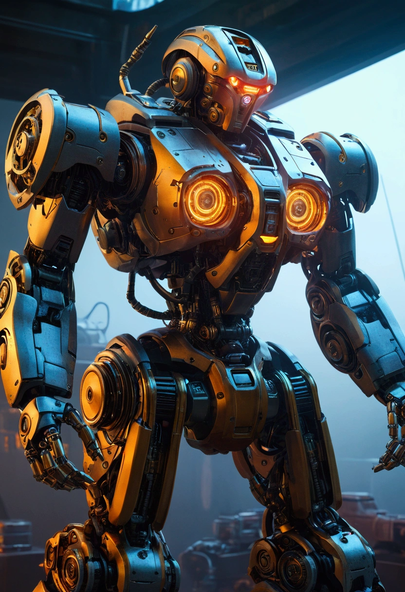 3D mechanical science fiction, highly detailed mecha robot, intricate mechanical parts, futuristic technology, cinematic lighting, volumetric fog, glowing neon accents, dramatic shadows, hyper realistic, 8k, photorealistic, award winning digital art, concept art, masterpiece