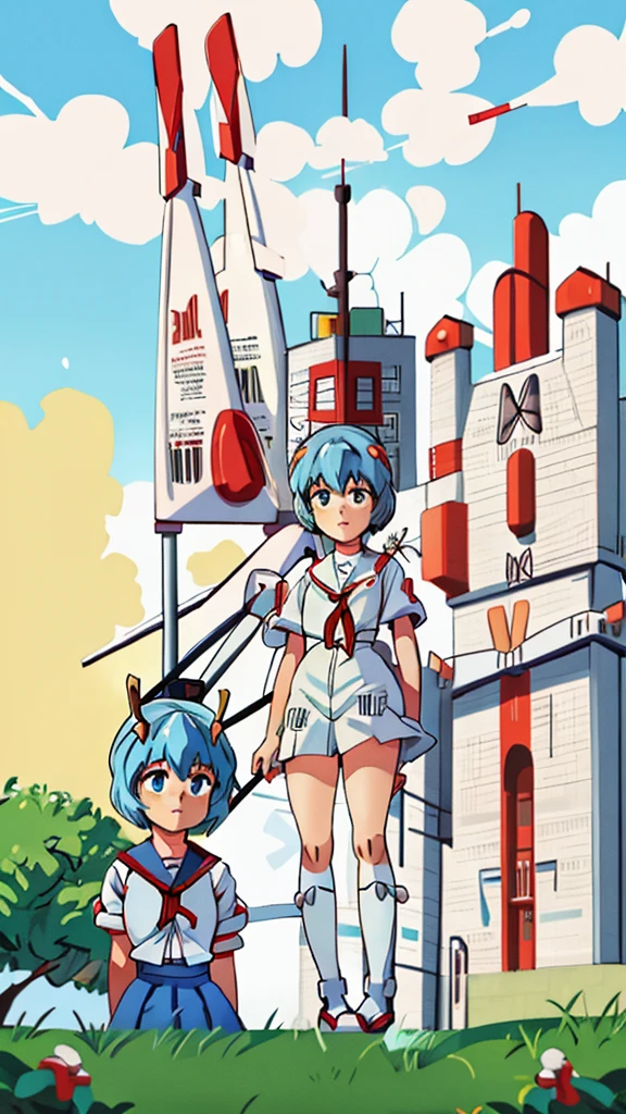 (superflat, flat shading, flat colors), 2girls, 12yo loli, skimpy blue overalls, naked breast, (nipple), goggles, standing by a mecha robot, in a hangar, smile, best shadows, vibrant colors, watercolor, ghibli style