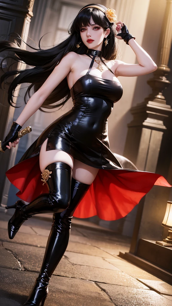 (Highest quality, 4K, masterpiece :1.3), Beautiful woman, Surreal, 1 girl,),Ajolf, Side Lock,Short hair vs long hair, Gold Hair Band, Gold earringss, Side Lock, Gold hair ornament, Gold earrings, Big Breasts, Bare shoulders, Black Dress, Double-sided dress with red rose cape, choker, Thigh-high boots, , Fingerless gloves, Thigh-high boots,Slender Beauty, (Huge breasts, Attractive body :1.2), Abdominal exercises :1.1, Long black hair 1.1, Highly detailed face, Lip details, Fine Eyes, double eyelid, Sexy low neck dress, Open neckline, Pose with twisted hips, Visible curves,Muscular, curved legs, Yugal, masterpiece, Highest quality, High resolution, aaYugalf,Cowboy Shot, Are standing, Looking at the audience, Outdoor, night, (Perfect Anatomy:1.Two big asses, jewelry, Off the shoulder, Black Pantyhose, Cute Smile, Beautiful and bright lighting, Beautiful breasts
