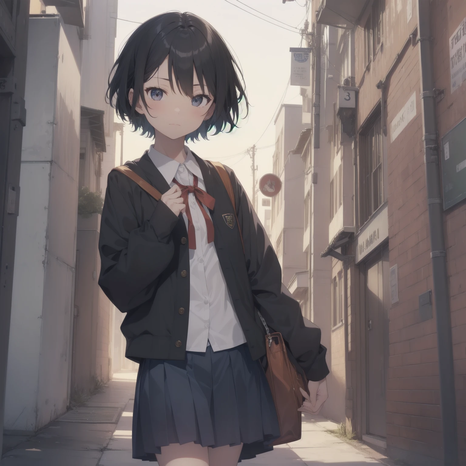 ultra-absurdres-Top quality by artist God, ultra-detailed, high resolution, anime moe artstyle, best anime 8k konachan wallpaper, pixiv contest winner, pool:2810, perfect anatomy,break, 1girl, (Please draw a girl walking sleepily to school alone. )break,(Solo,little female, 13-year-old:1.3),Full limbs, complete fingers,a junior high school student, (very short hair), short cut, flat chest, , small butt, small black eyes, beautiful detailed eyes, well-proportioned iris and pupils, expressive eyes, highres detailed hair, soft expression, salor school_uniform, sailor collar, serahuku, bow, pleated skirt,(Detailed Lighting), (Detailed background), in the School commute route. break,super detailed skin, Best cinematic lighting powered by famous artist, 8k,beauty illustration,photoshop_(medium),very aesthetic,break,((artist:yuuhagi_(amaretto-no-natsu) )), artist:clamp ,artist:carnelian ,artist:kantoku ,