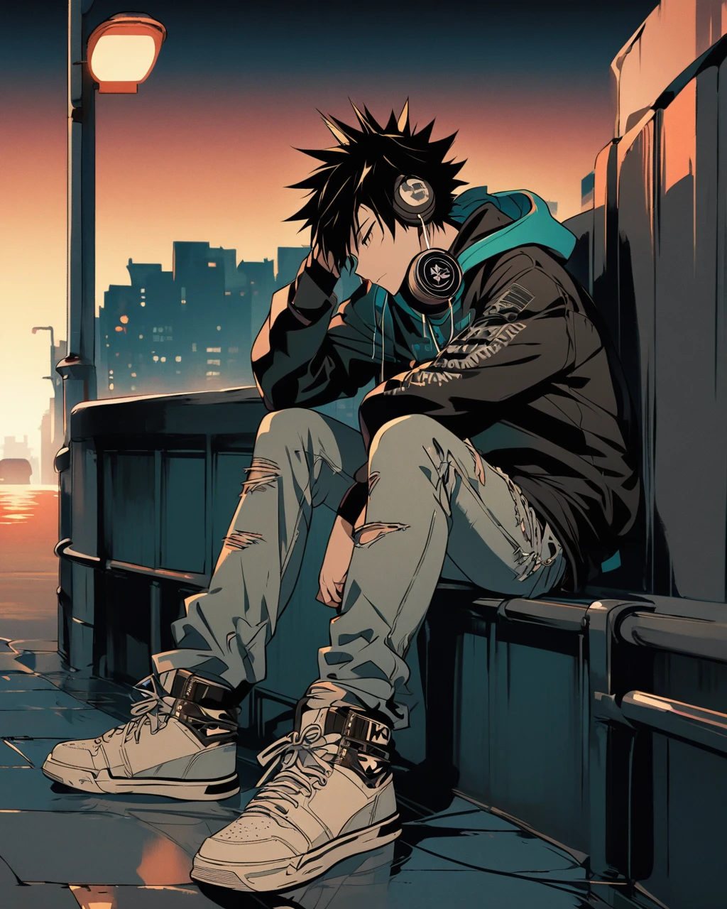 Create a detailed anime illustration of a boy with short, spiky hair and a trendy urban outfit, including a hoodie, ripped jeans, and high-top sneakers. He is leaning against a lamppost, listening to music with headphones, and has a thoughtful expression. Use a sunset gradient background to emphasize the contemporary and reflective mood