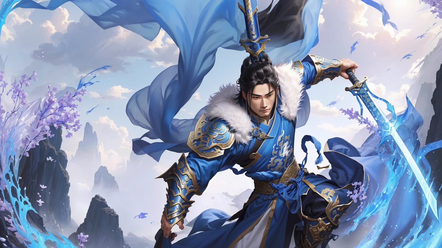 Alafd image，A person wearing blue clothing、man holding sword, heise jinyao, zhao yun, xianxia hero, Inspired by Huang Shen, author：Yang J, G Liulian art style, Inspired by Li Kan, inspired by Guan Daosheng, Inspired by Shen Zhou, Yang Qi, Ruan Jia and Artgerm