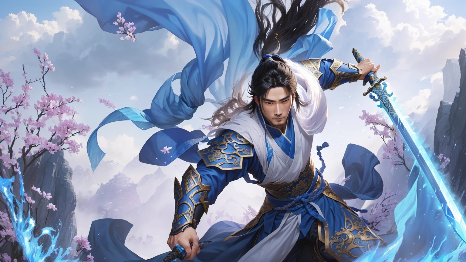 Alafd image，A person wearing blue clothing、man holding sword, heise jinyao, zhao yun, xianxia hero, Inspired by Huang Shen, author：Yang J, G Liulian art style, Inspired by Li Kan, inspired by Guan Daosheng, Inspired by Shen Zhou, Yang Qi, Ruan Jia and Artgerm