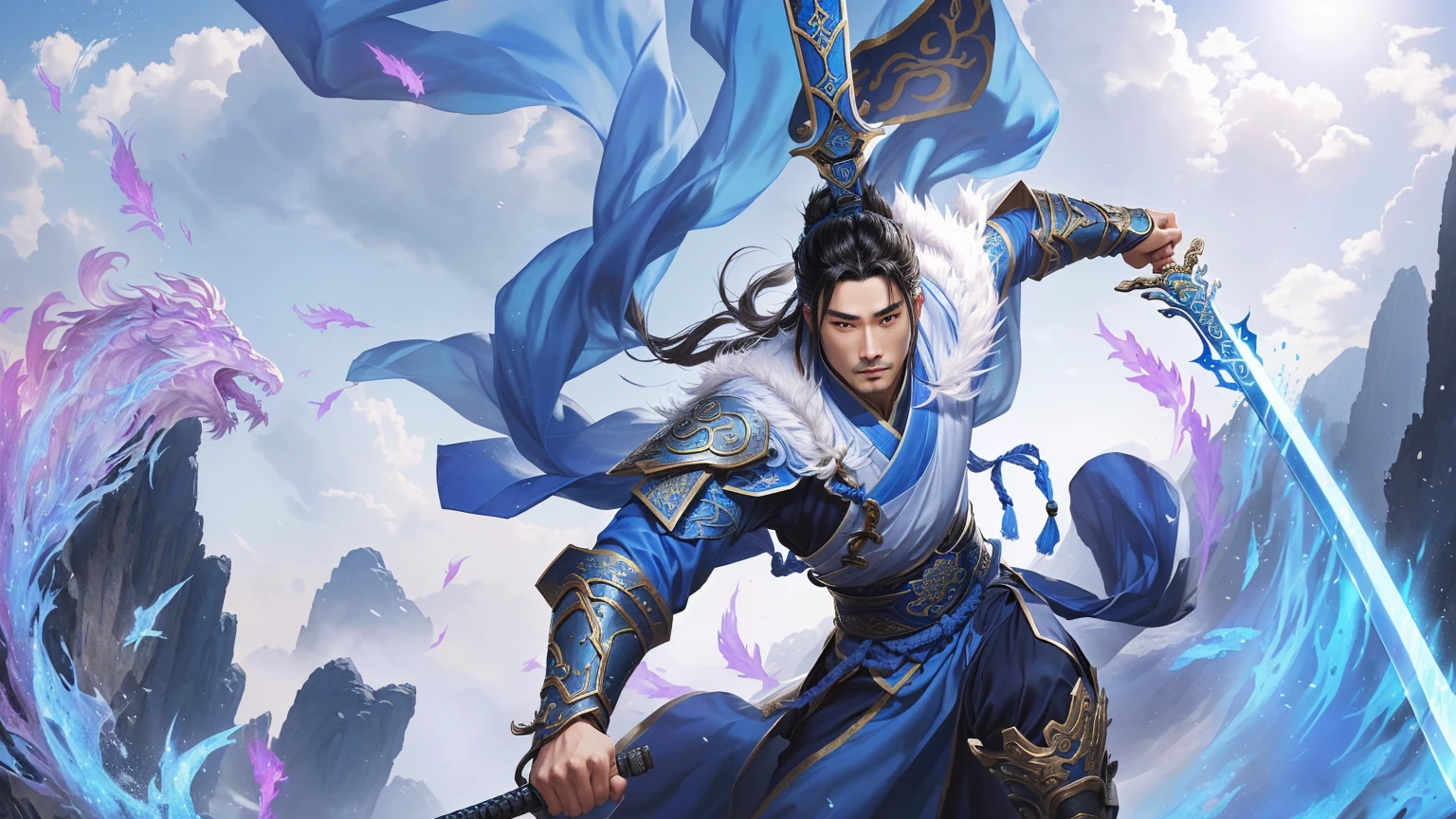 Alafd image,A person wearing blue clothing、man holding sword, heise jinyao, zhao yun, xianxia hero, Inspired by Huang Shen, author:Yang J, G Liulian art style, Inspired by Li Kan, inspired by Guan Daosheng, Inspired by Shen Zhou, Yang Qi, Ruan Jia and Artgerm